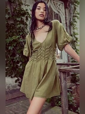 Free People Olive Green V-Neck Smocked Mini Dress